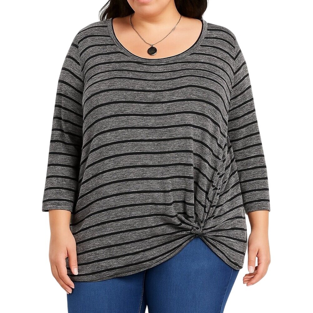 Emerald Womens 1X Gray Black Striped Knot Hem Top Long Sleeve Plus Size